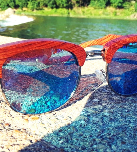 Brazilian Pear Wood Sunglasses, Ice Blue Polarized Lenses